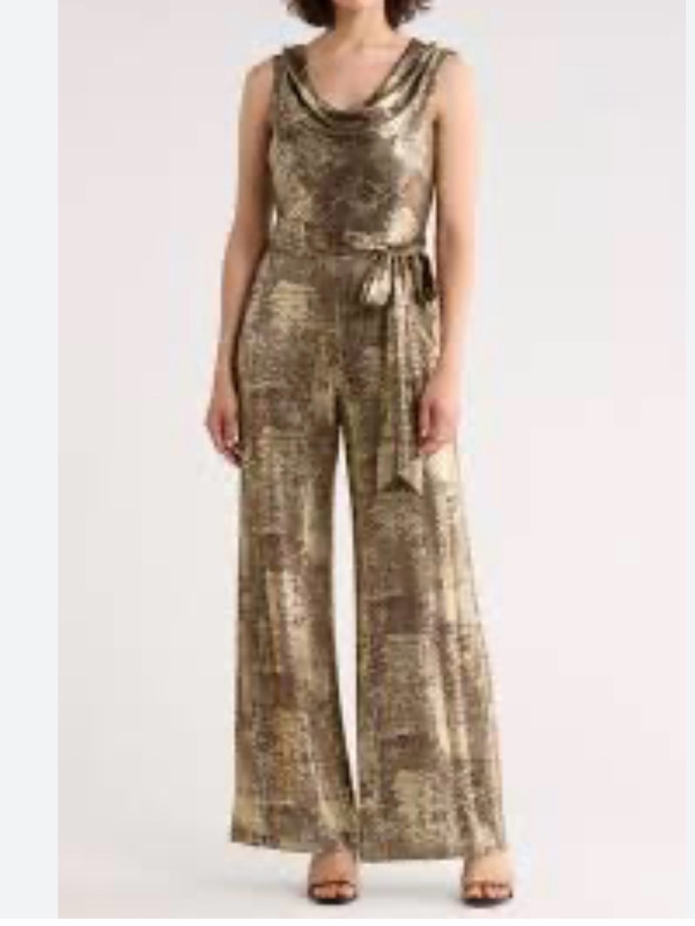 Connected Metallic Gold Draped Jumpsuit Uptown Stretch size 10 petite